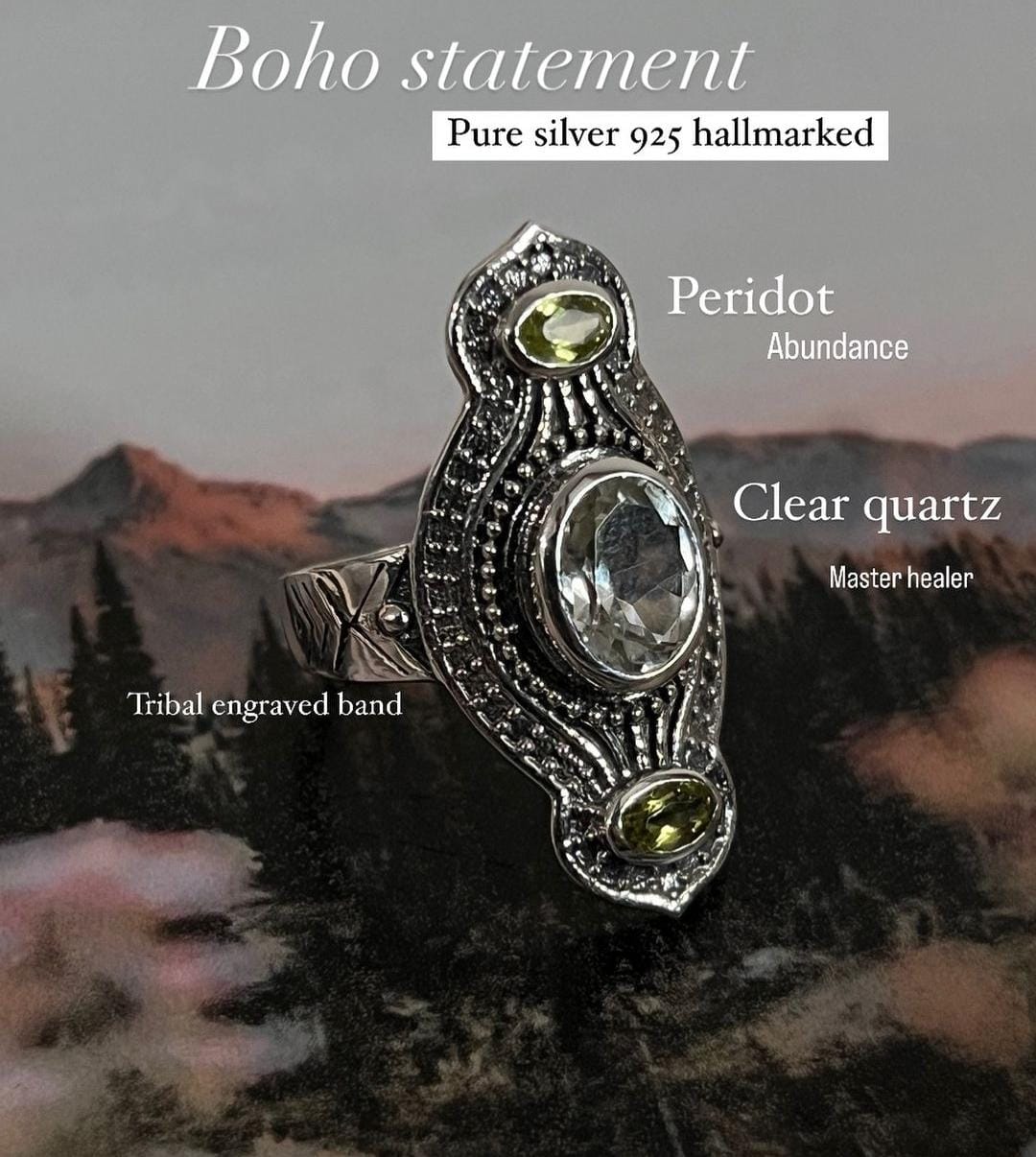 Peridot & Clear Quartz Tribal Engraved Silver Ring