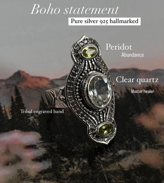 Peridot & Clear Quartz Tribal Engraved Silver Ring