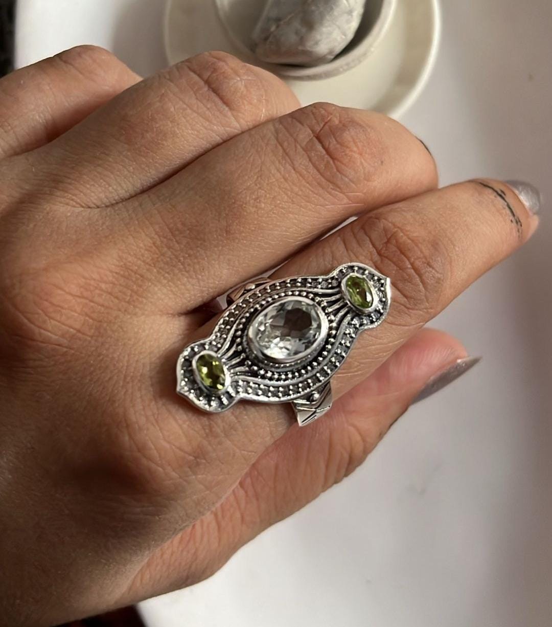 Tribal Engraved Silver Ring with Peridot & Clear Quartz