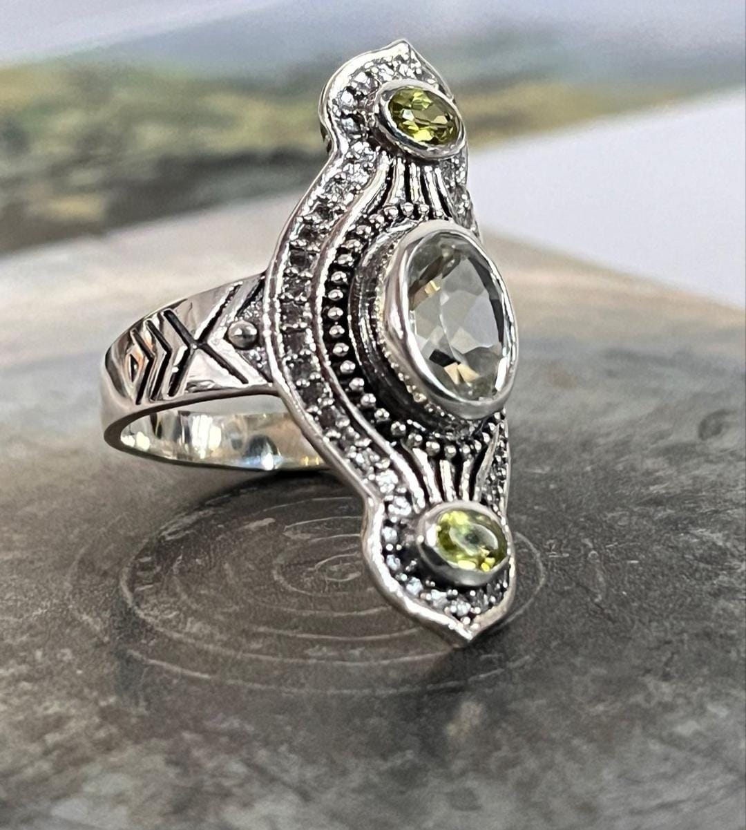 Sterling Silver Peridot & Clear Quartz Tribal Engraved Ring