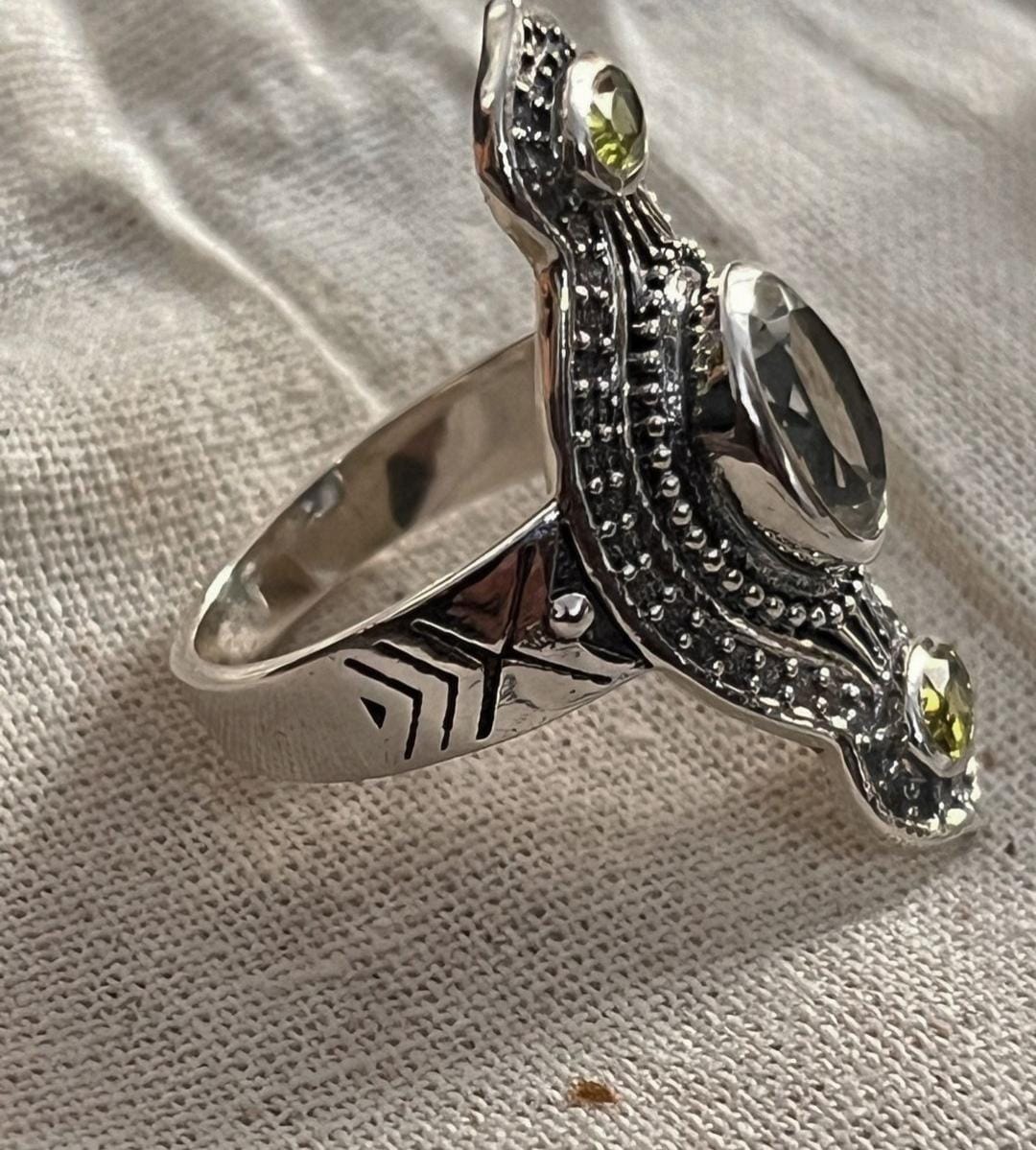 Tribal Engraved Peridot & Clear Quartz Silver Ring