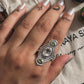 Elegant Peridot and Clear Quartz Tribal Engraved Silver Ring