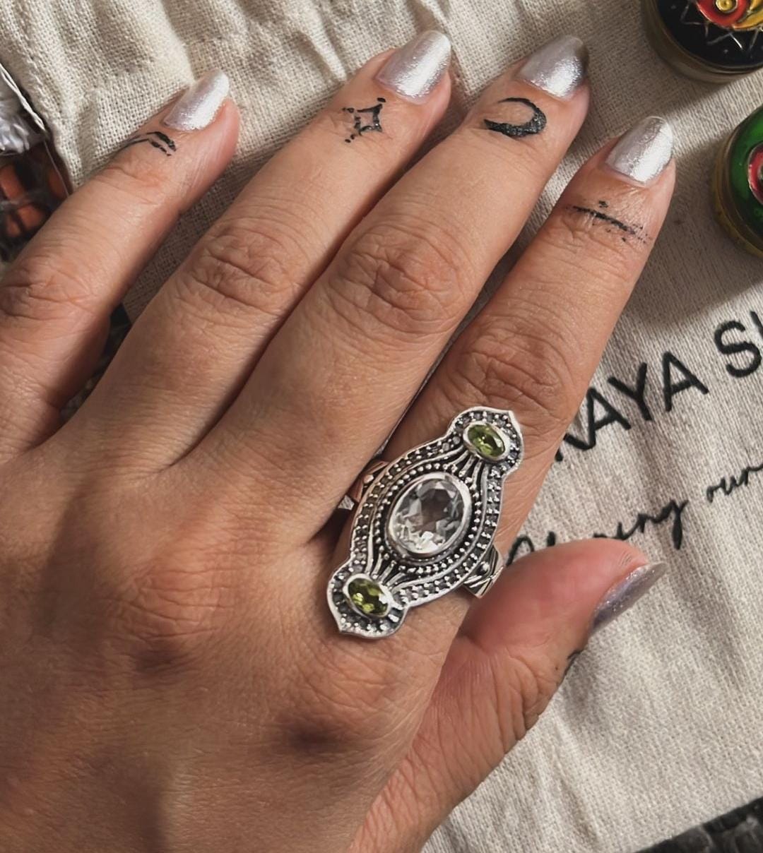 Elegant Peridot and Clear Quartz Tribal Engraved Silver Ring