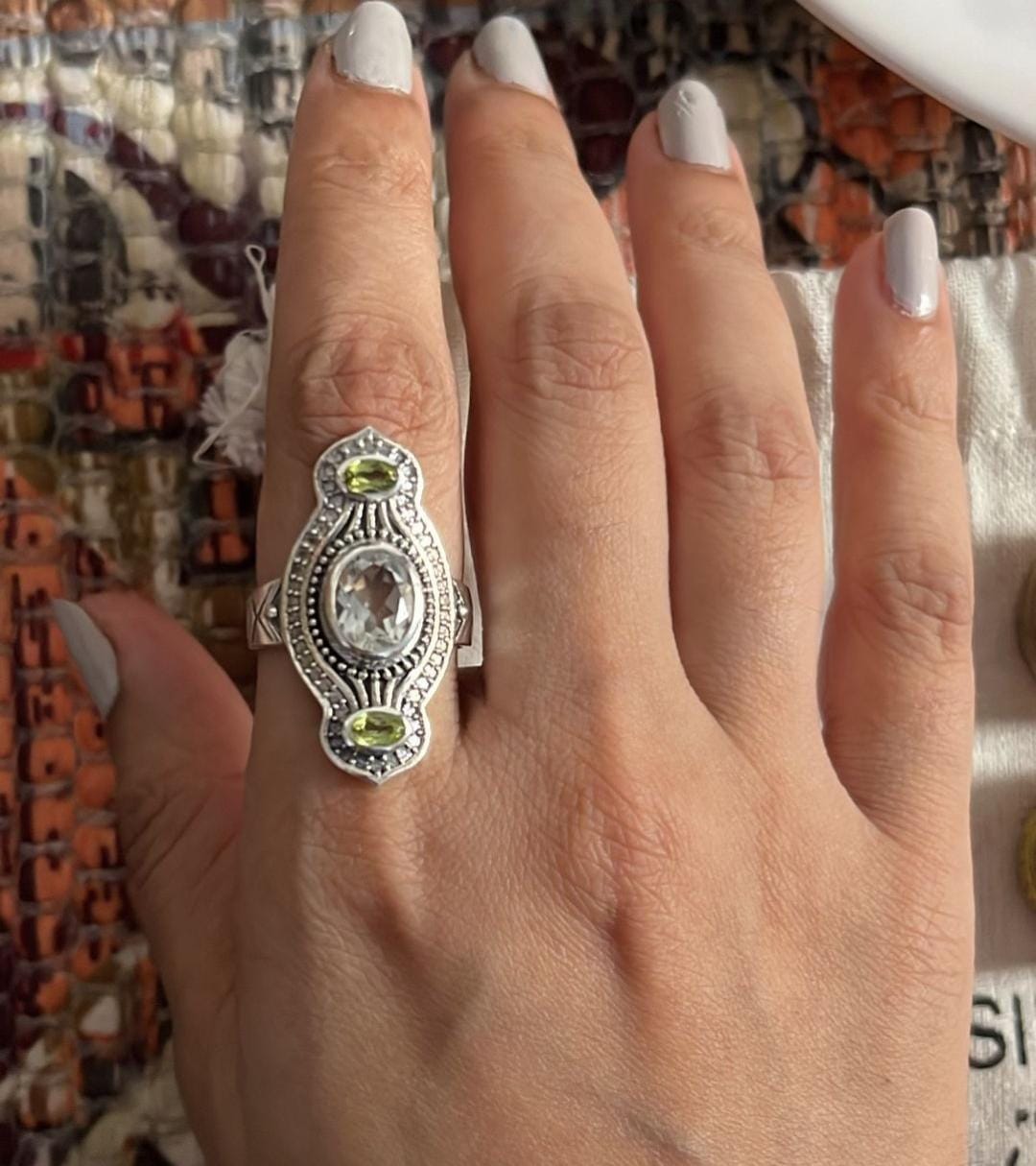 Boho Peridot and Clear Quartz Tribal Silver Ring