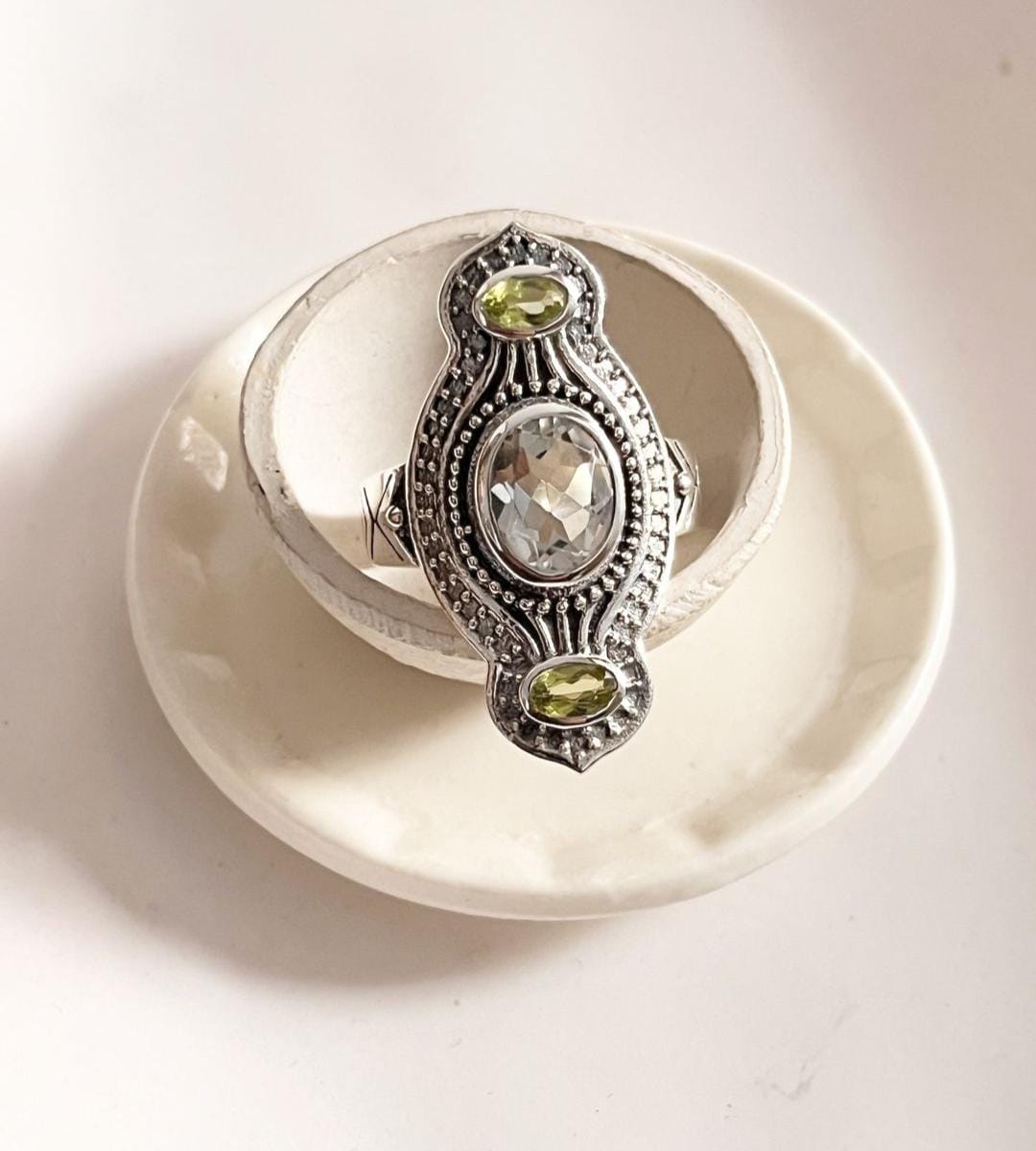Unique Peridot and Clear Quartz Tribal Engraved Ring in Silver