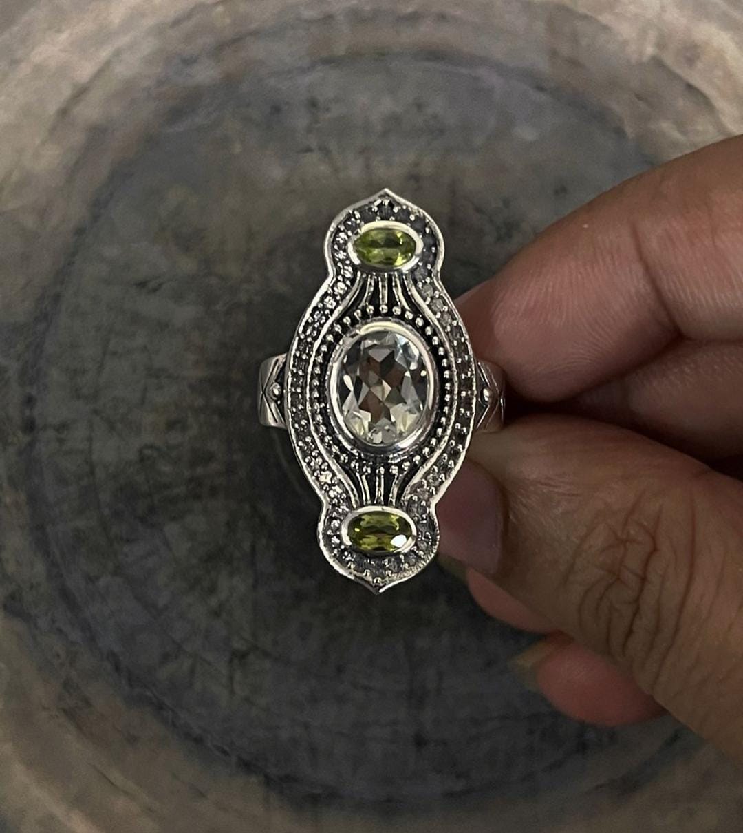Peridot & Clear Quartz Silver Ring with Tribal Design