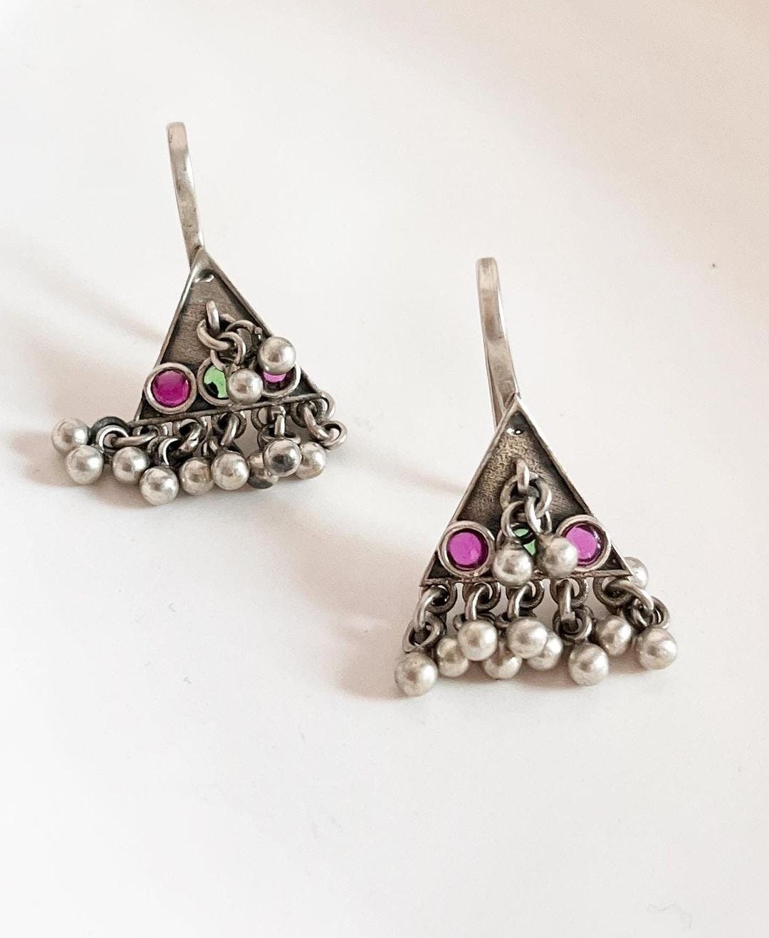 Vintage-inspired silver 925 earrings with ghungroo bugadi and Teekona detailing.