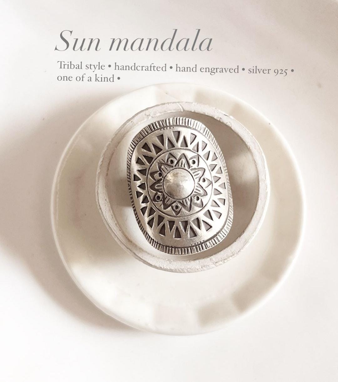 Sun Mandala bohemian handmade adjustable silver ring