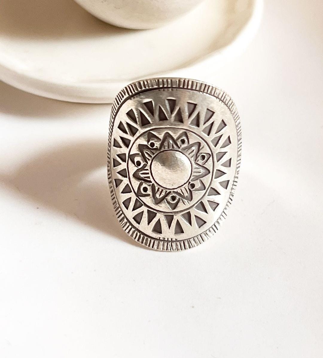 Bohemian Sun Mandala handmade silver adjustable ring