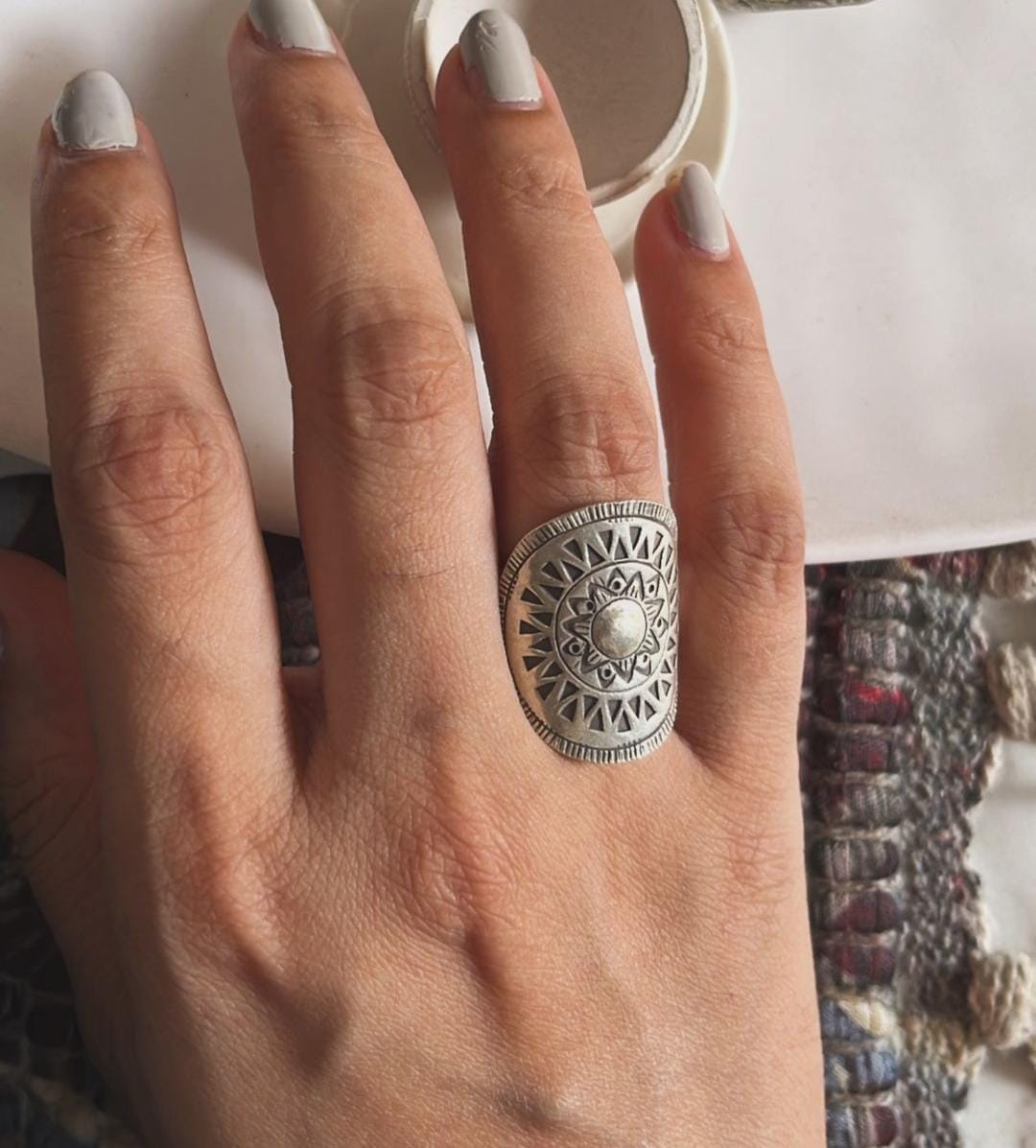 Sun Mandala adjustable silver ring with boho design