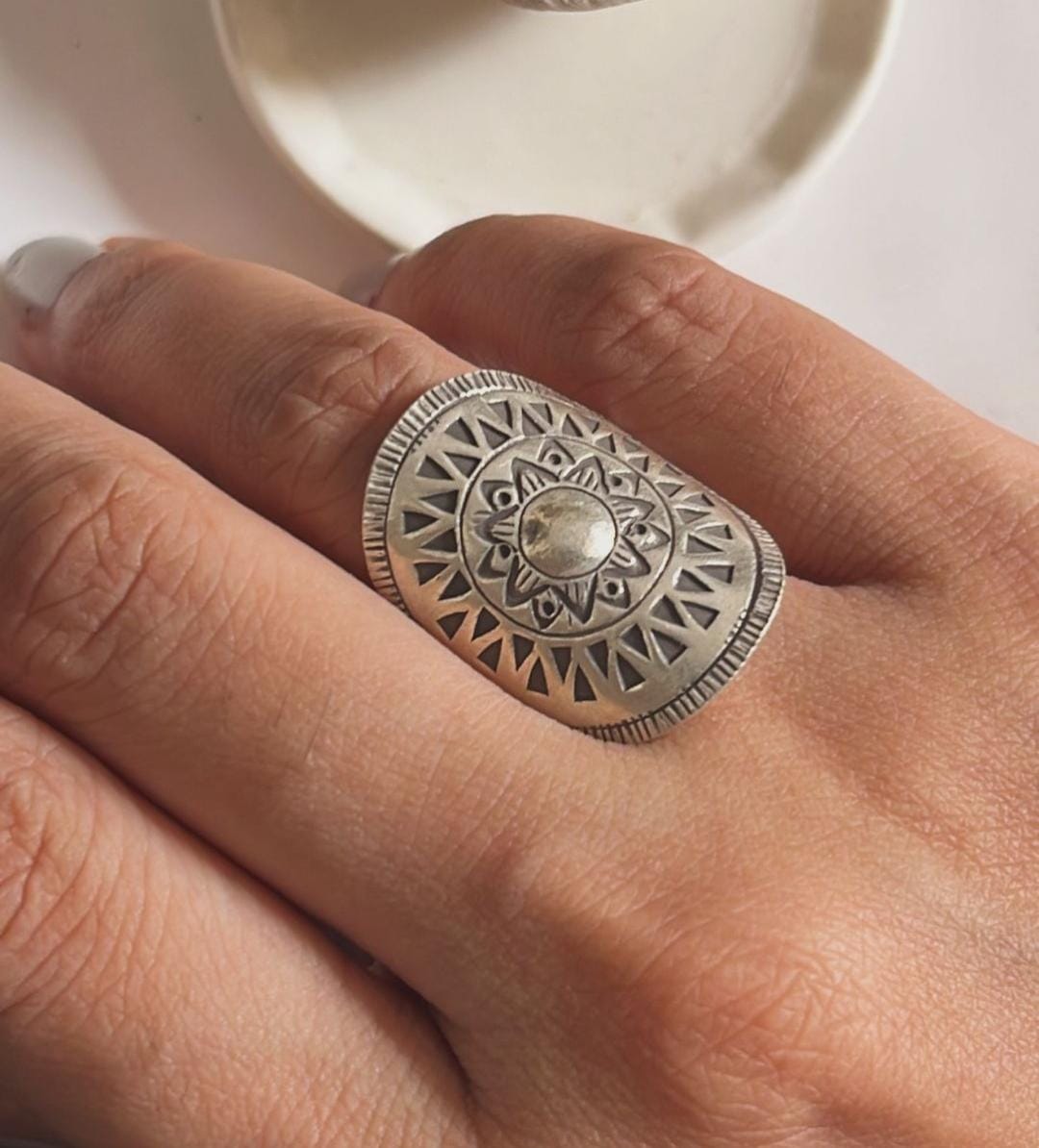 Handmade Sun Mandala bohemian silver ring adjustable