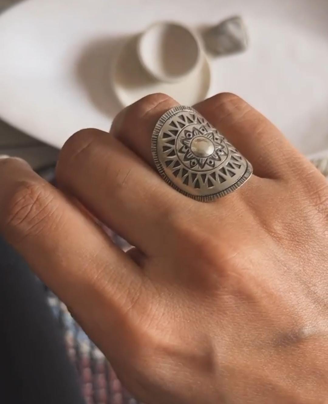 Sun Mandala silver ring with bohemian style and adjustable fit