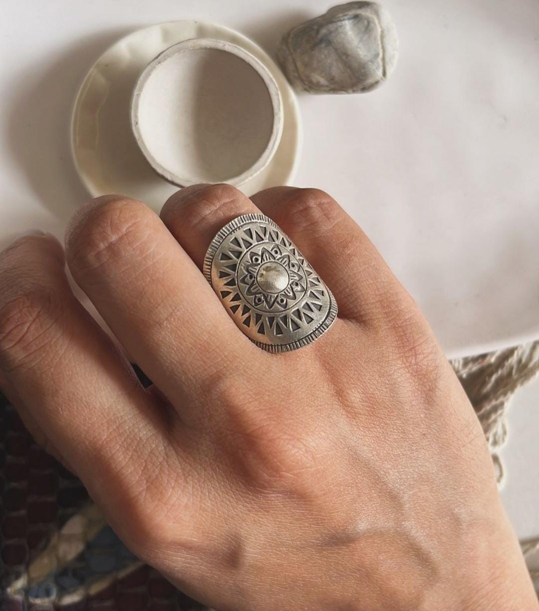 925 sterling silver Sun Mandala boho statement ring