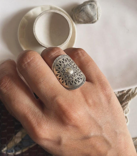 925 sterling silver Sun Mandala boho statement ring