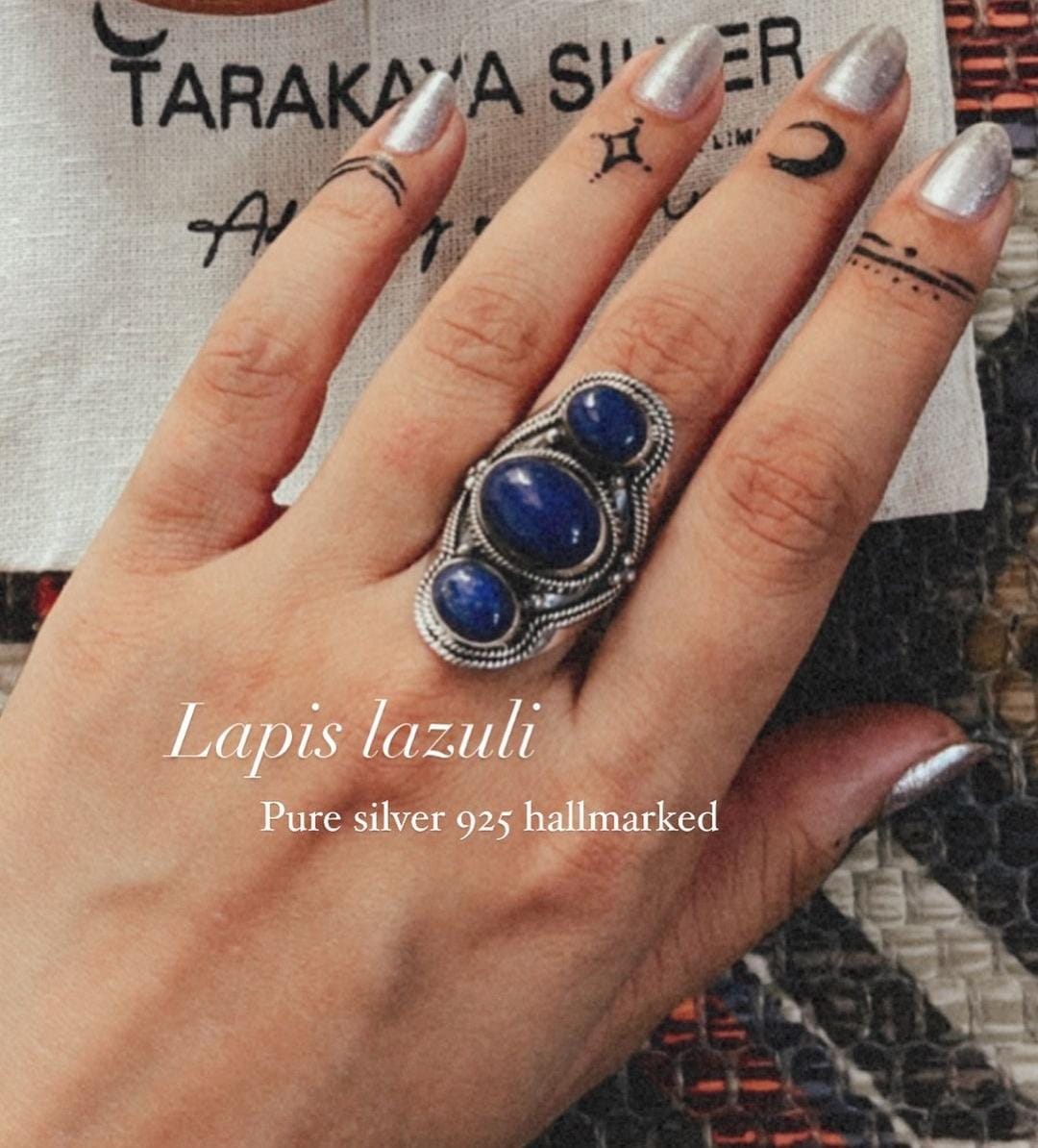 Handcrafted Lapis Lazuli Boho Statement Ring with Silver Band