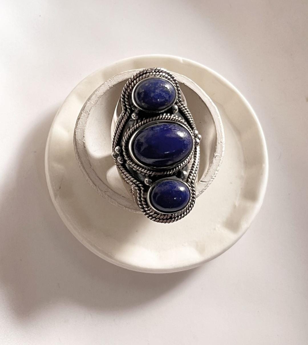 Lapis Lazuli Gemstone Boho Statement Ring in Silver