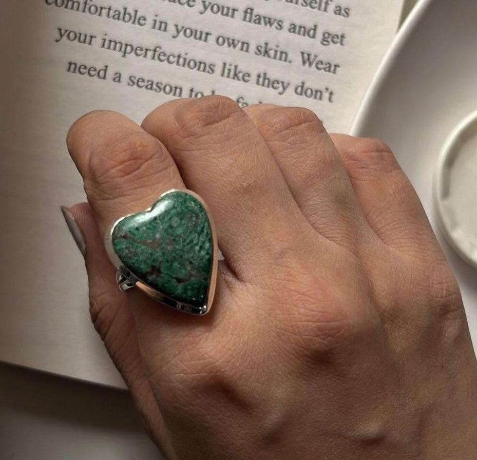Sonora Chrysocolla gemstone heart silver ring
