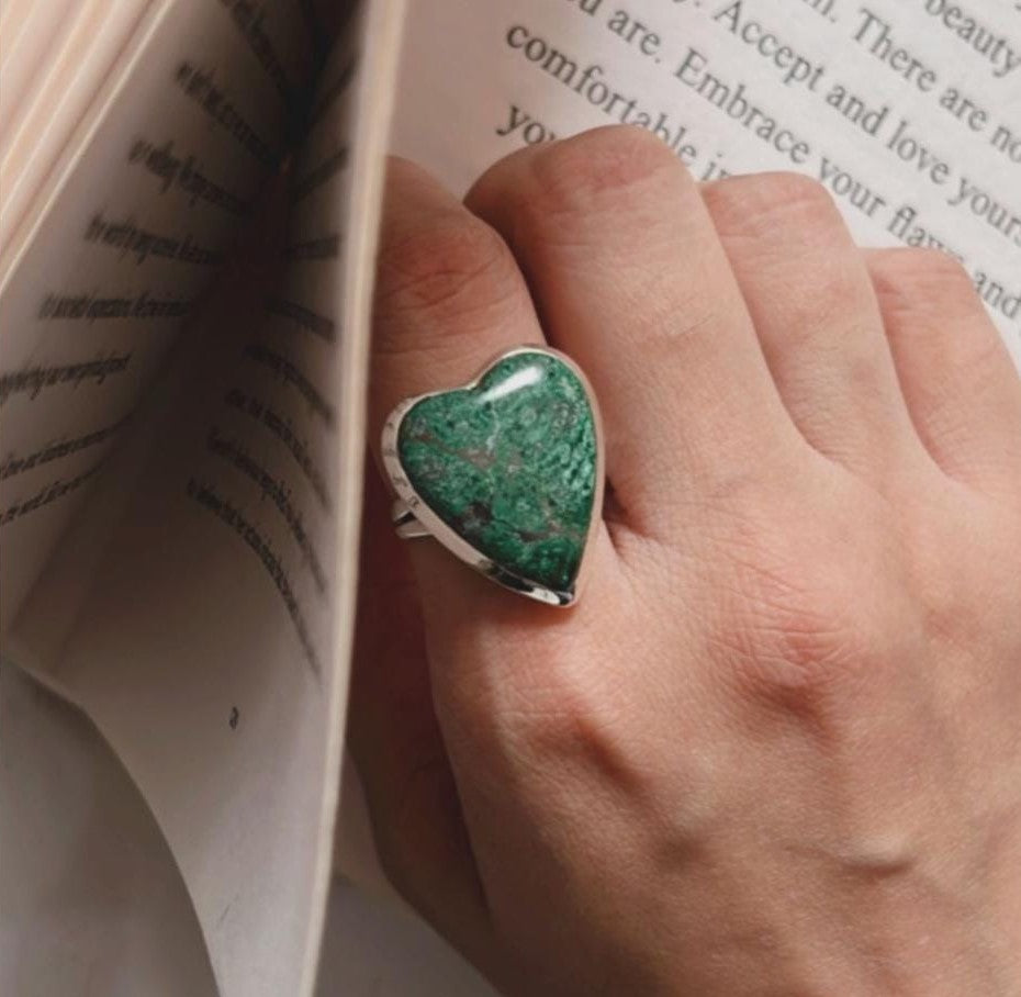925 sterling silver heart ring with Sonora Chrysocolla stone