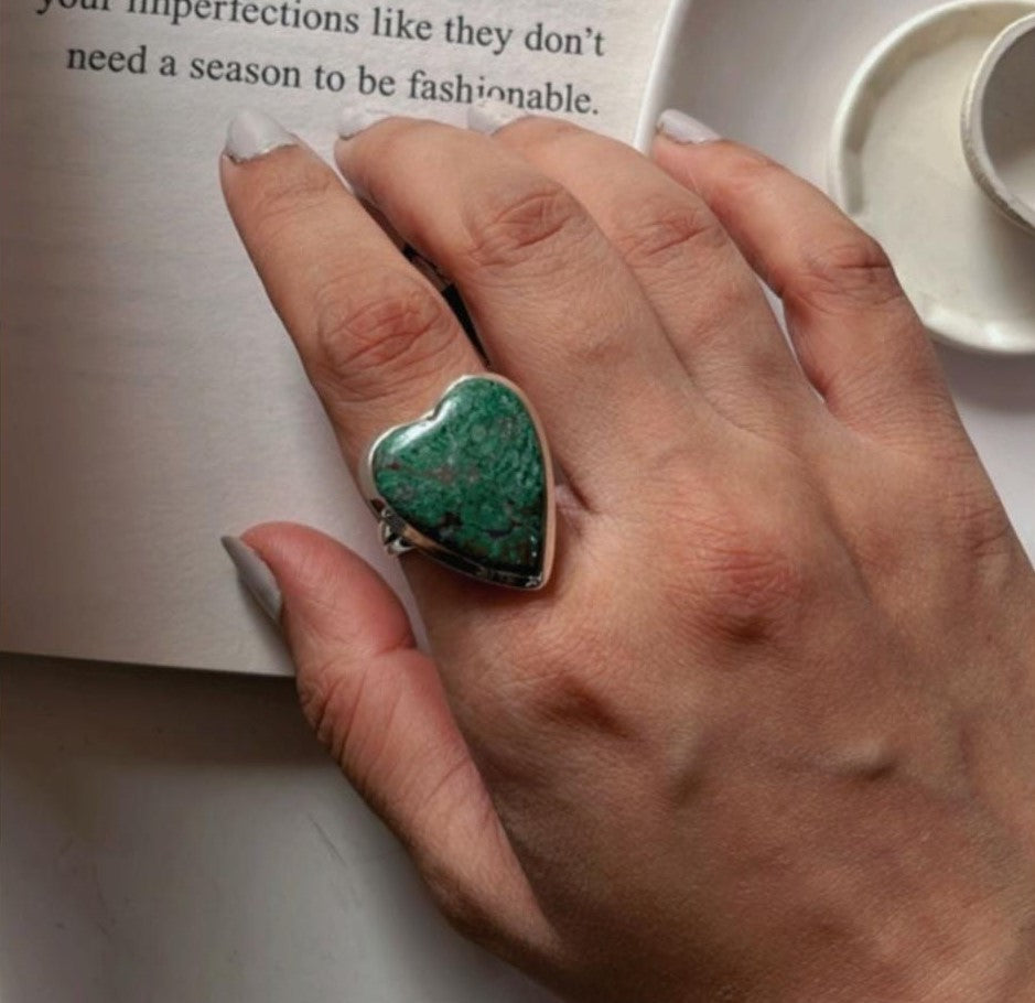 Vibrant Sonora Chrysocolla heart ring set in silver