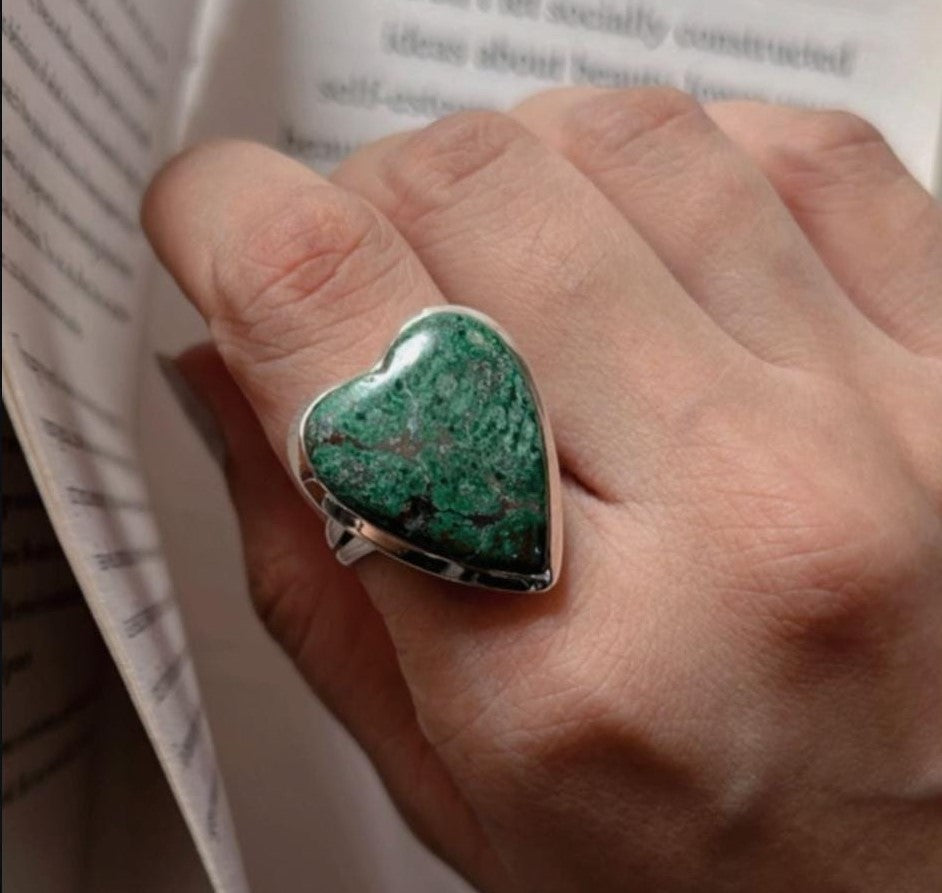 Handmade Sonora Chrysocolla heart ring in silver 925