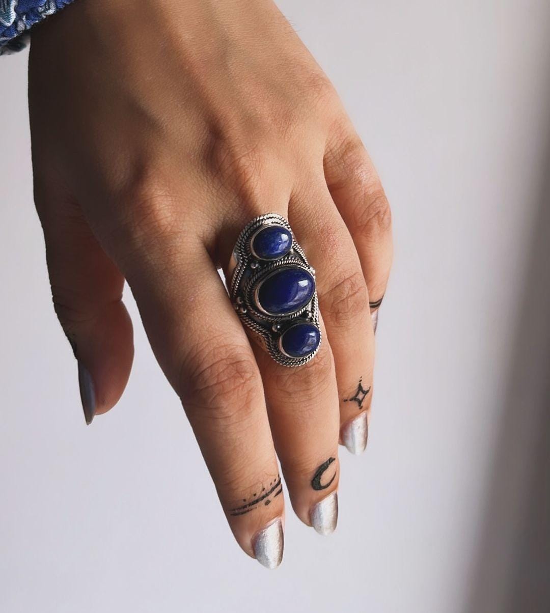 Lapis Lazuli Boho Statement Silver Ring with Bold Design