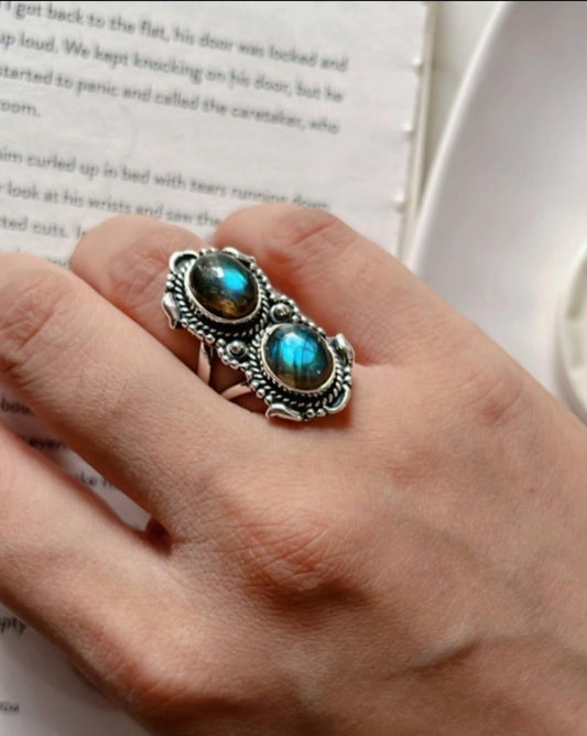 Labradorite Boho Statement Silver Ring with Unique Design