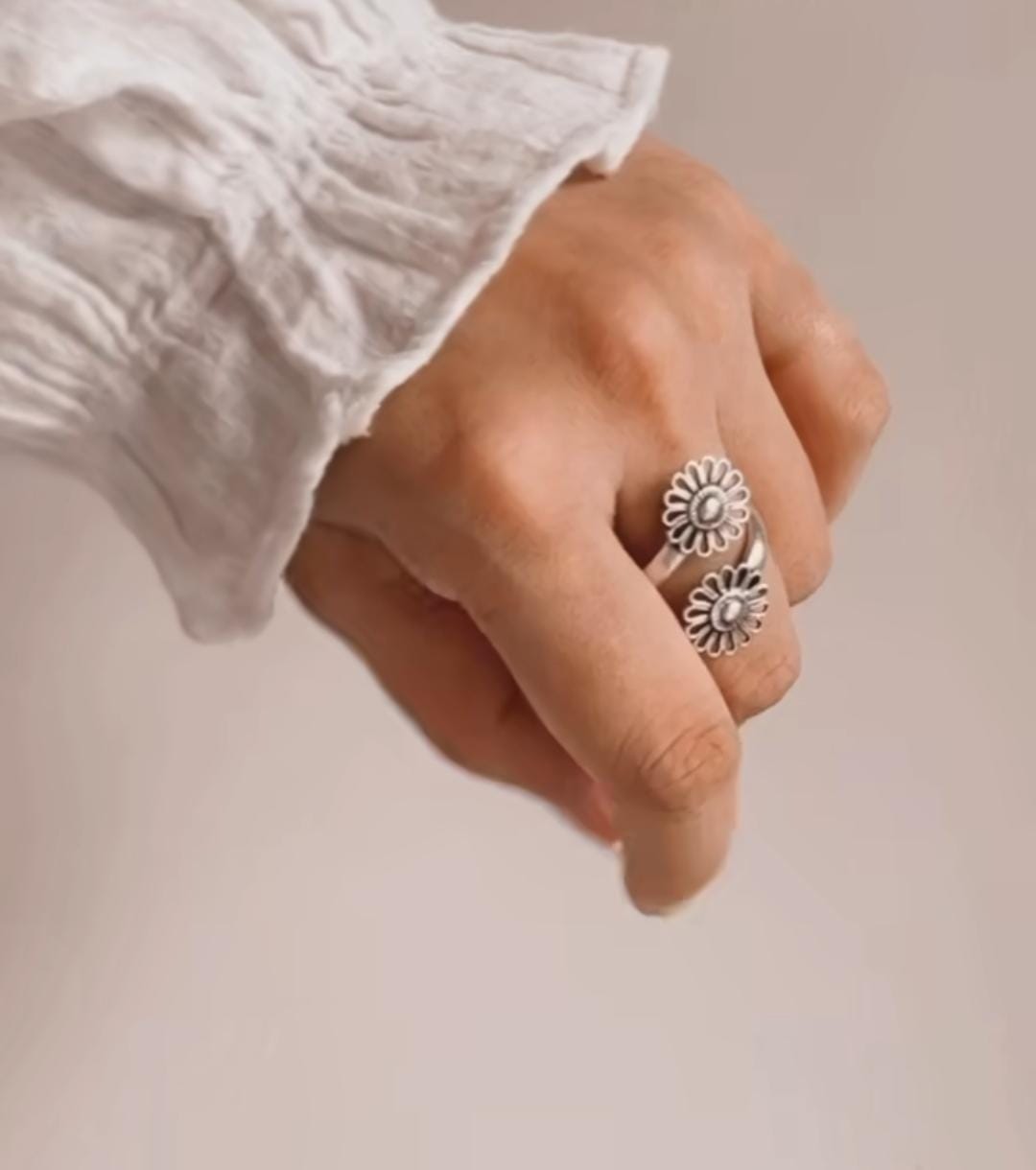 Sterling Silver 925 Phool Antique Flower Adjustable Ring