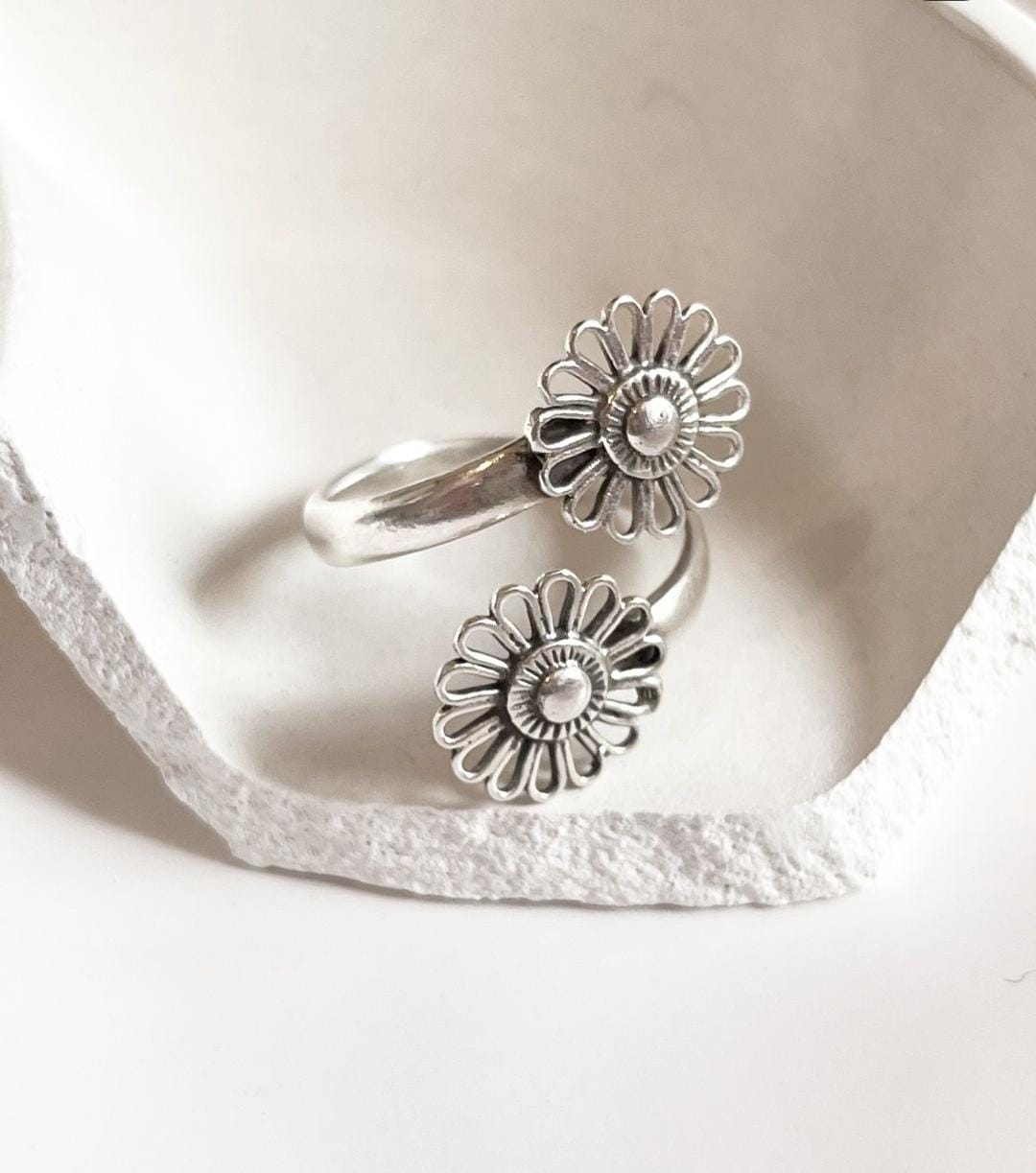 Vintage-Inspired Phool Antique Flower Silver Adjustable Ring