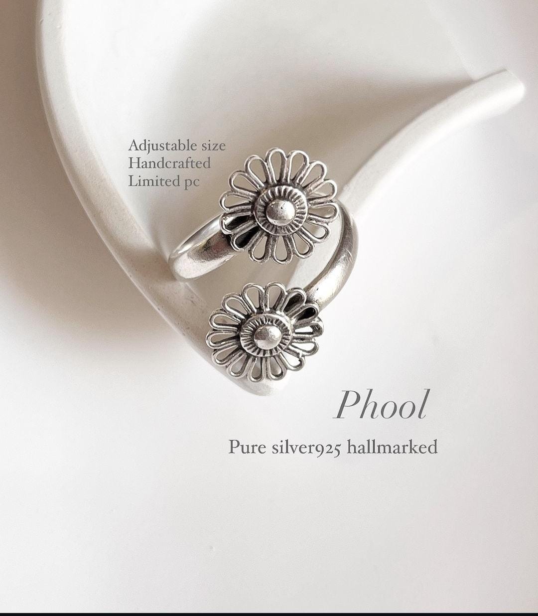 Phool Antique Flower Handcrafted Adjustable Silver 925 Ring