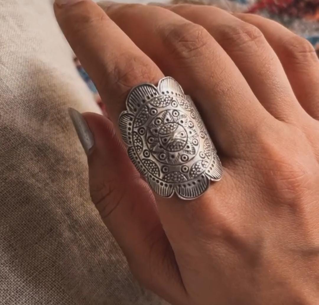 Bohemian tribal mandala statement ring in handmade silver