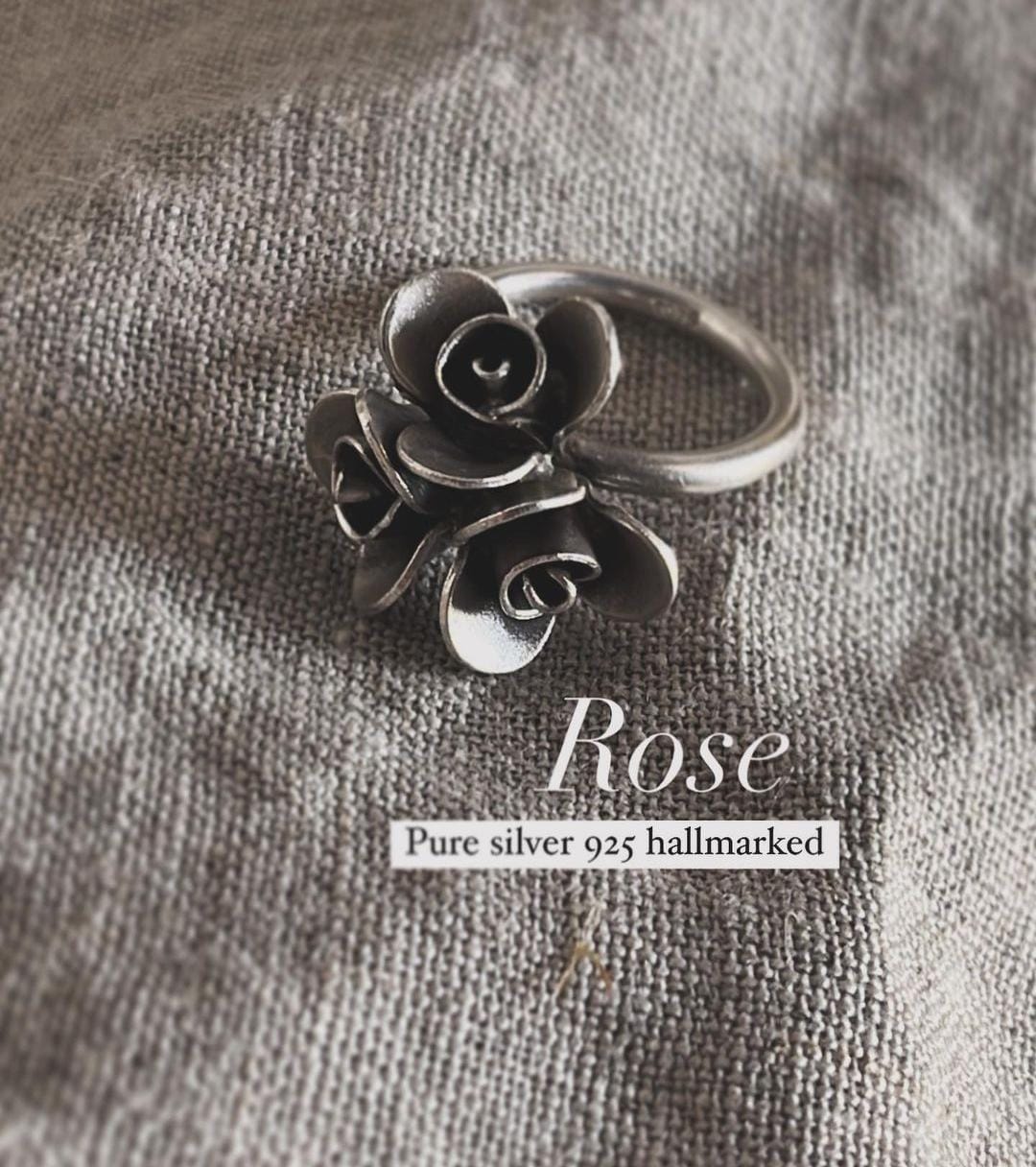 Bohemian style handmade statement silver ring with rose bouquet