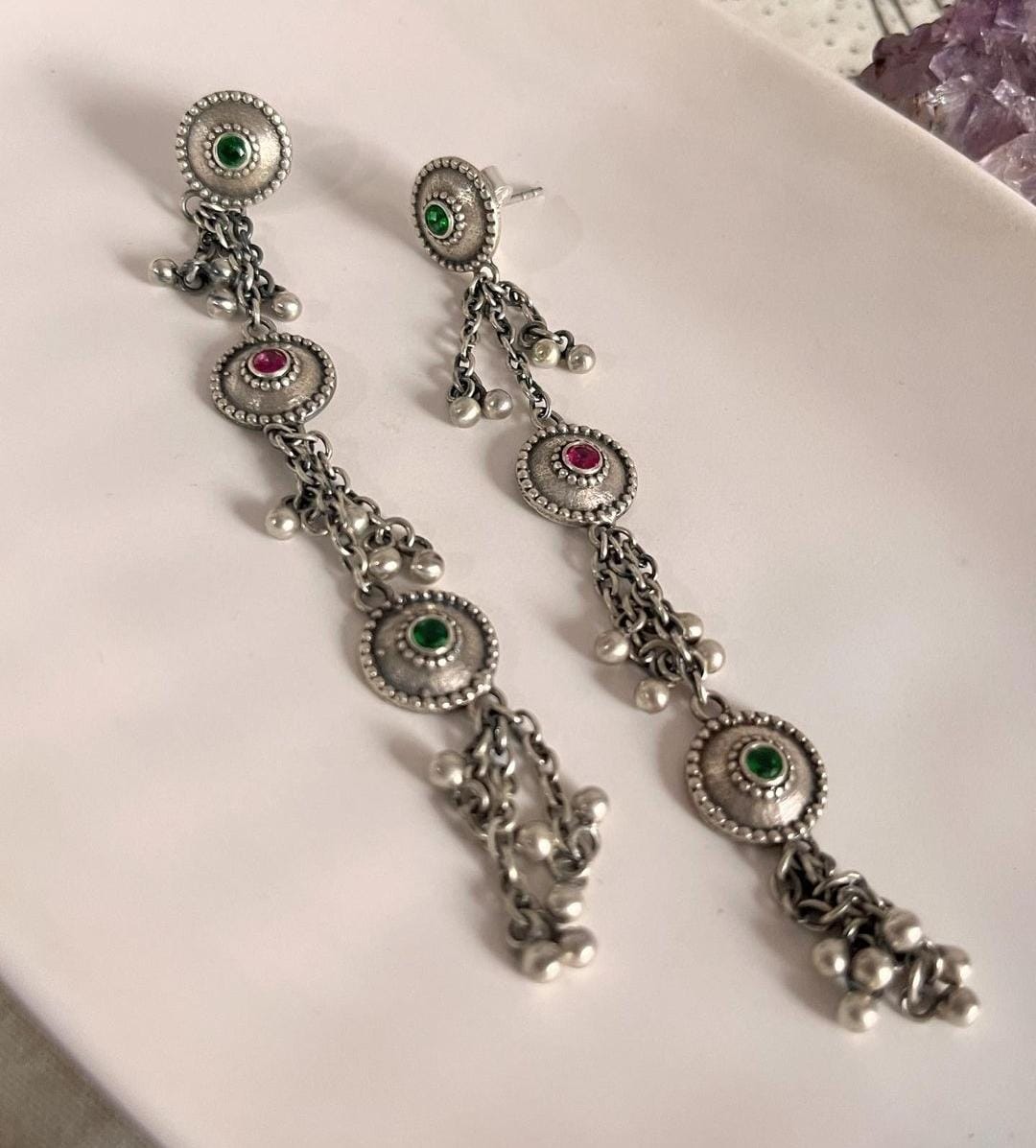 Boho Jhumar Meenakari Earrings in Antique Silver 925