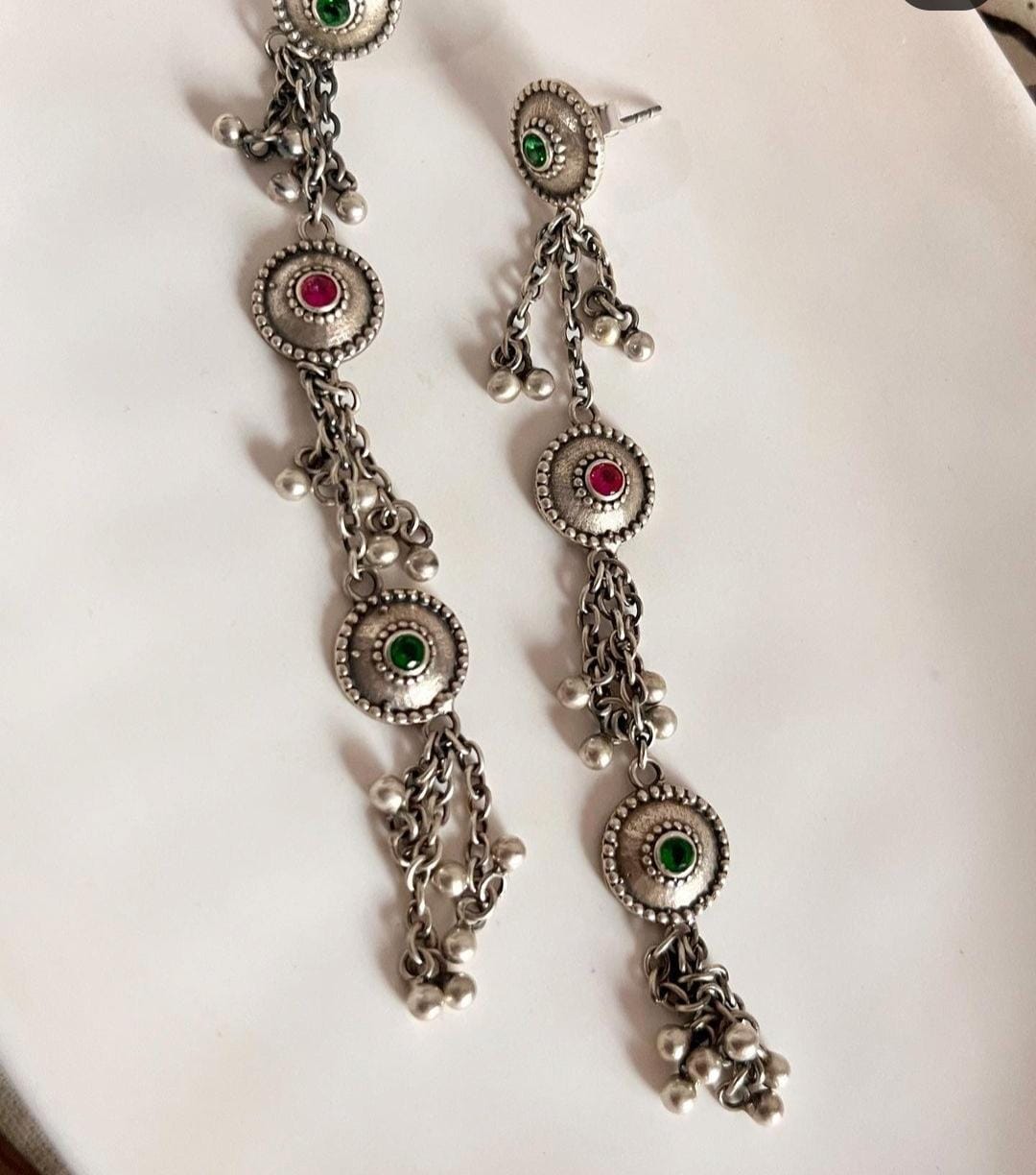 Handcrafted Antique Jhumar Meenakari Silver Boho Earrings