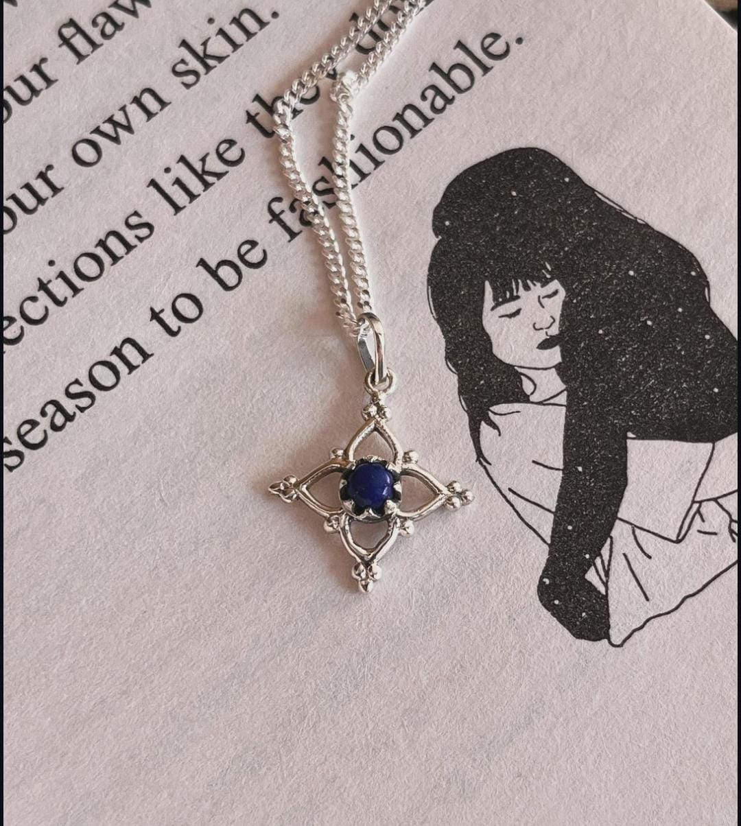 Charming Lapis Lazuli Flower Pendant with Rawa Silver Finish