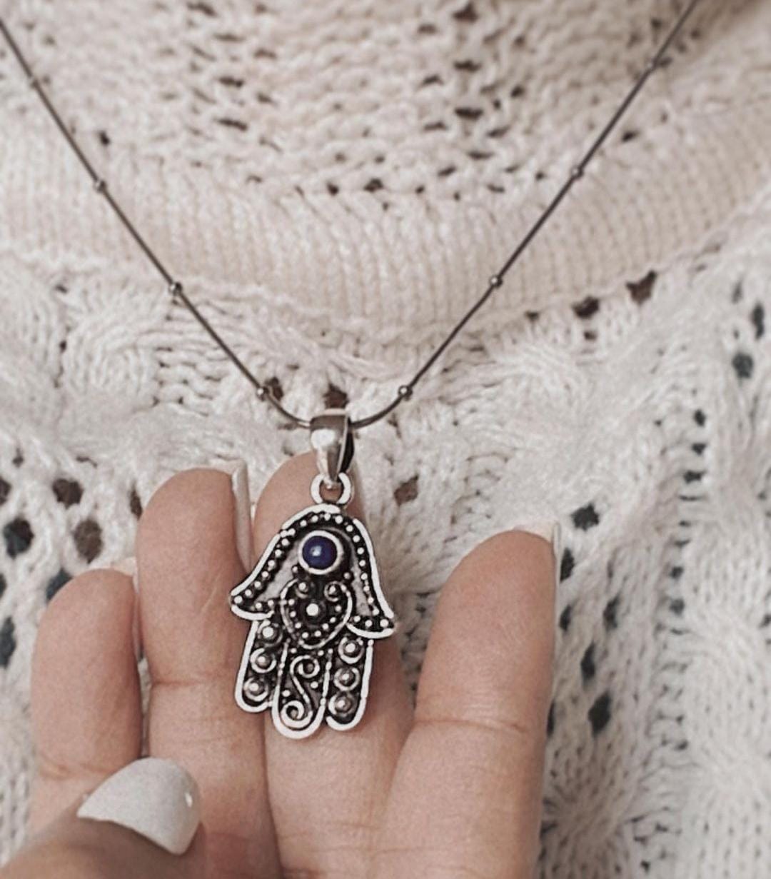 Sterling Silver Lapis Lazuli Hamsa Pendant with Spiritual Symbol