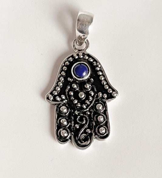 Elegant Lapis Lazuli Hamsa Pendant with Silver Detailing