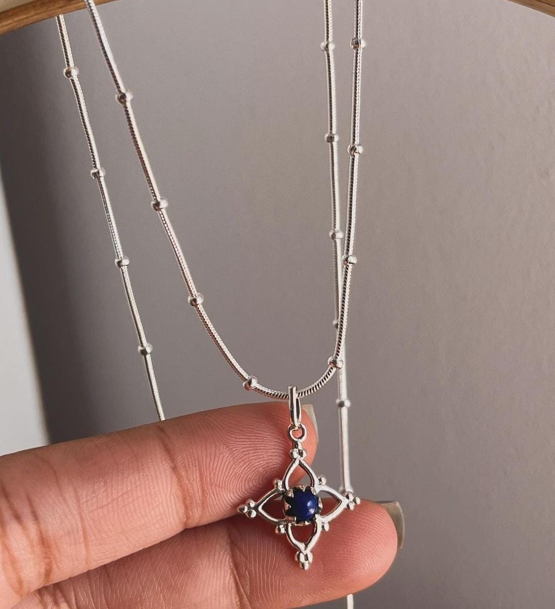 Sterling Silver Lapis Lazuli Flower Pendant with Rawa Detailing