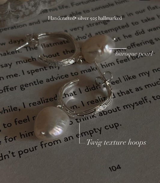 Twig textured baroque pearl silver half hoop earrings
