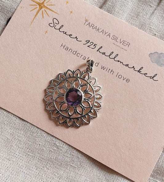 925 Sterling Silver Mandala Pendant Featuring a Beautiful Amethyst Gem