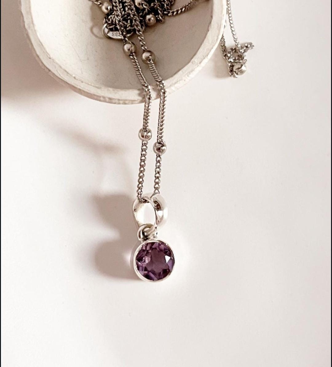Amethyst Round-Cut Stone Set in Silver Pendant