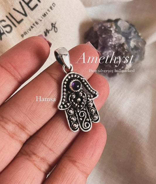 Hamsa Silver Pendant with Amethyst Gemstone