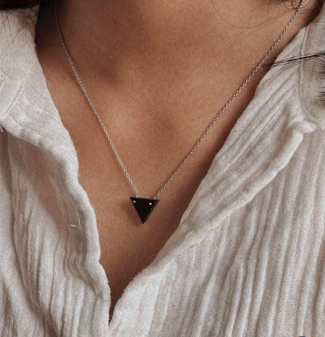 Natural Black Onyx Triangle Pendant Necklace 