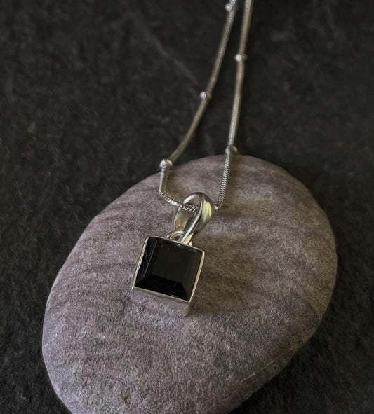 Silver Pendant with Square Cut Black Onyx Gemstone