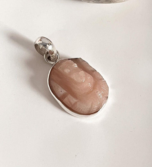 Pink Opal Ganesh Carved Silver Pendant