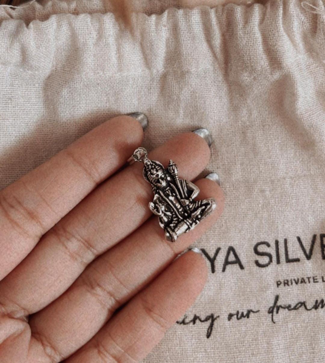 Spiritual Hanuman Ji sitting position pendant in polished silver