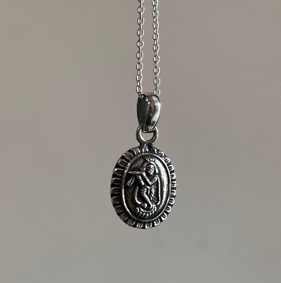 Elegant Krishna Oval Flower Silver Pendant