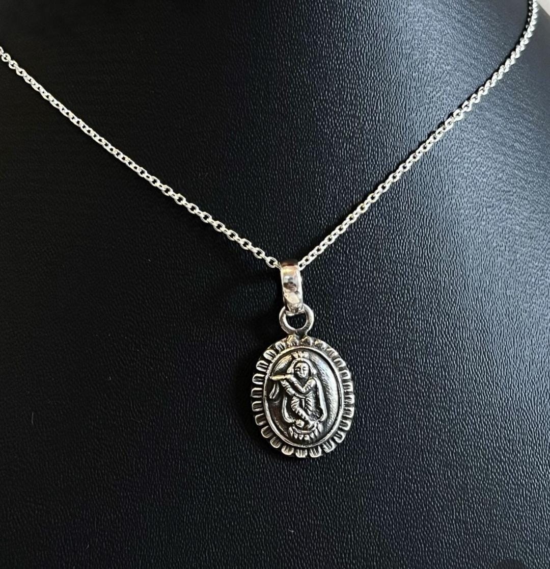 Sterling Silver Krishna Pendant with Oval Flower Detail