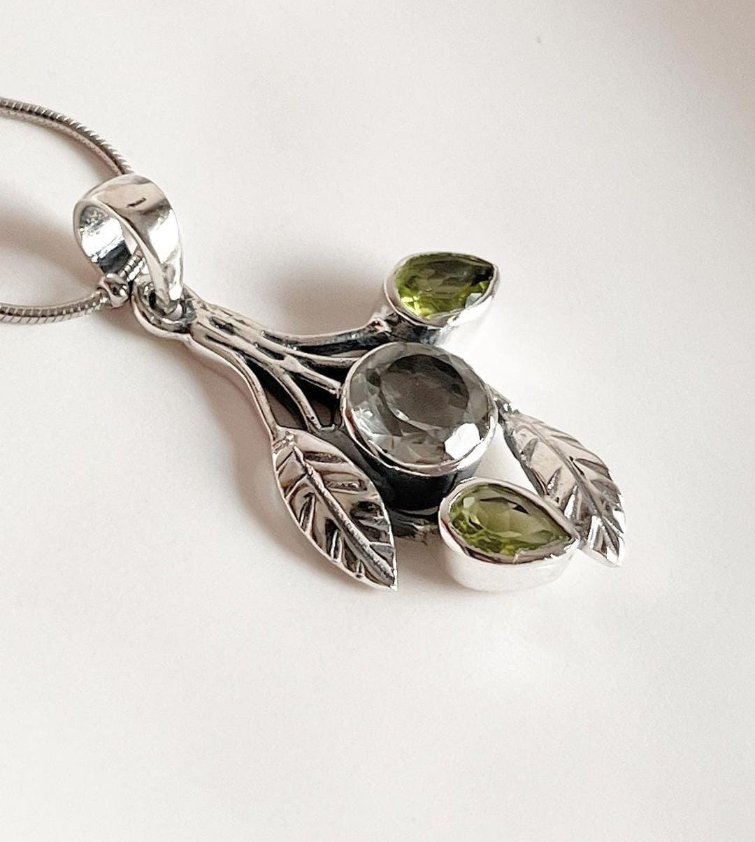 Boho Peridot Green Amethyst Forest Pendant in Silver
