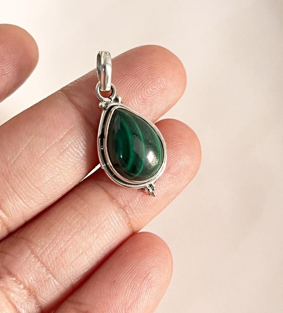 Handcrafted Malachite Pear Rawa Silver Pendant with Intricate Design