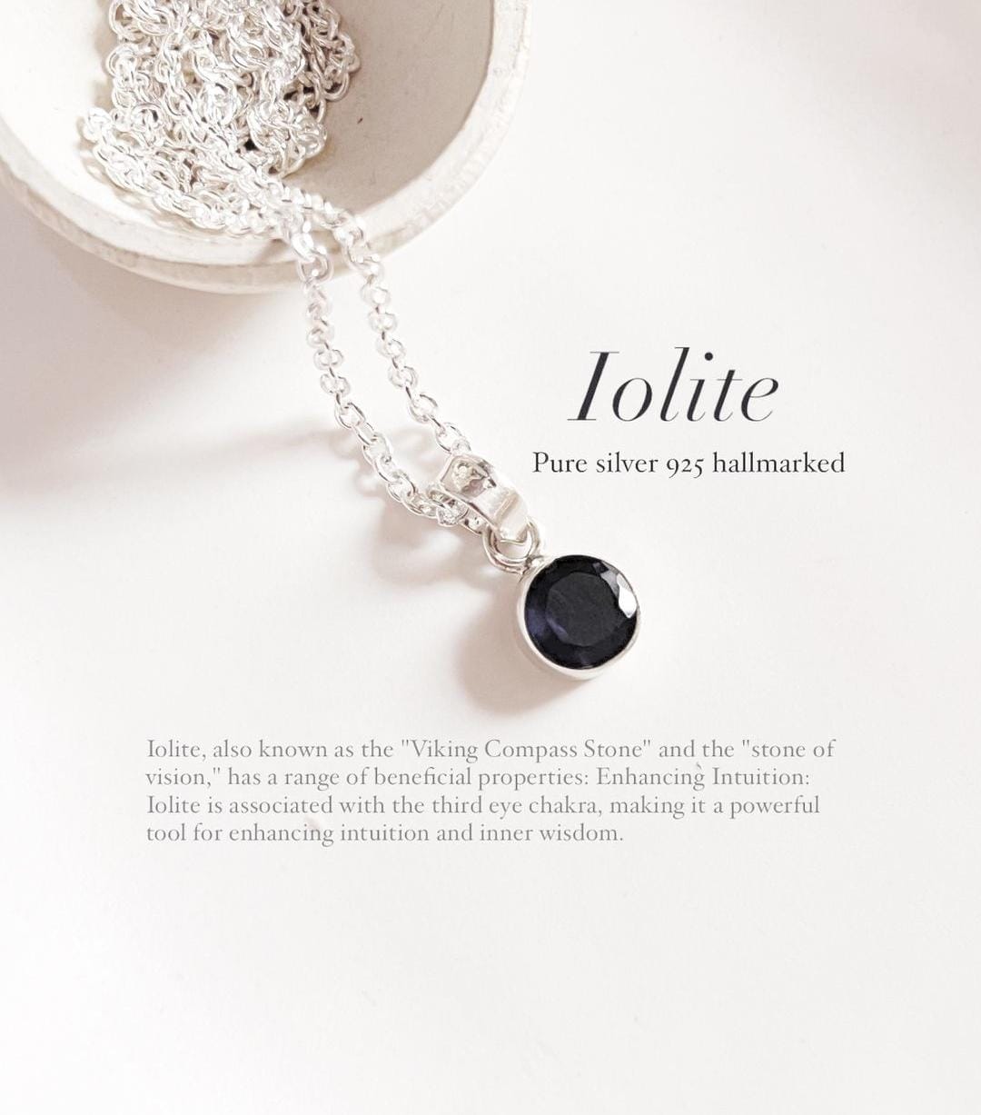 Sleek Iolite round pendant set in sterling silver